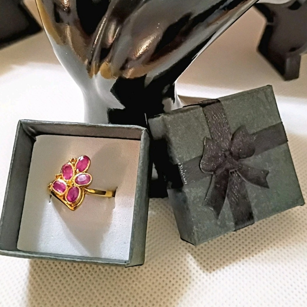 New925 Silver Gold Vermeil Genuine Ruby Cluster Abstract Floral Ring Size 7